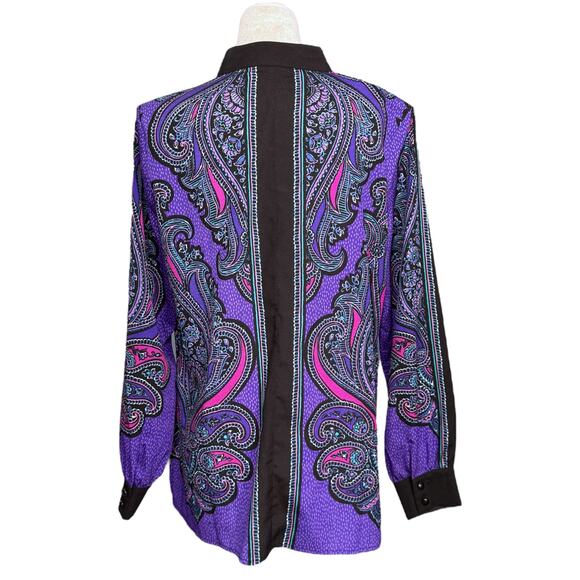 Bob Mackie Size S Long Sleeve Satin Paisley Blouse‎ Purple Eclectic Wearable Art - Picture 4 of 12
